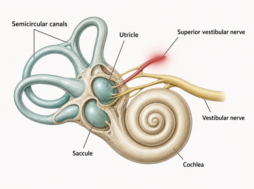 Inner-ear anatomy showing the inflamed superior branch of the vestibular nerve