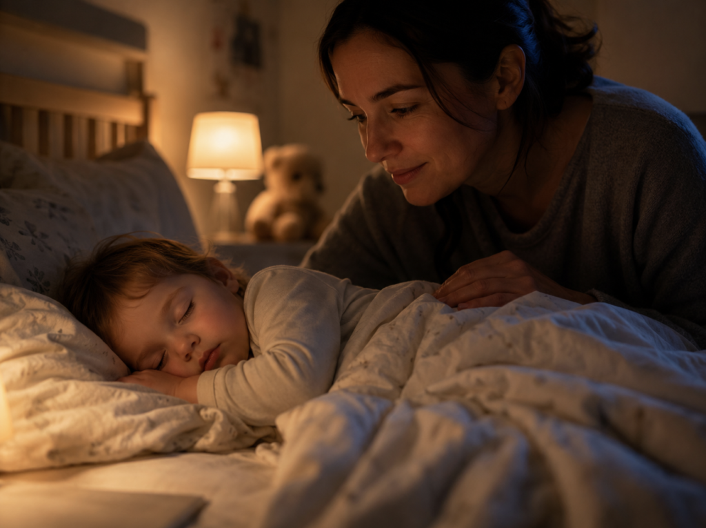 Parent observing a snoring toddler for sleep apnea warning signs
