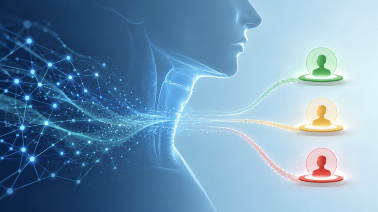 AI de-escalation in HPV throat cancer concept showing a machine-learning model sorting patients into low, intermediate, and high risk