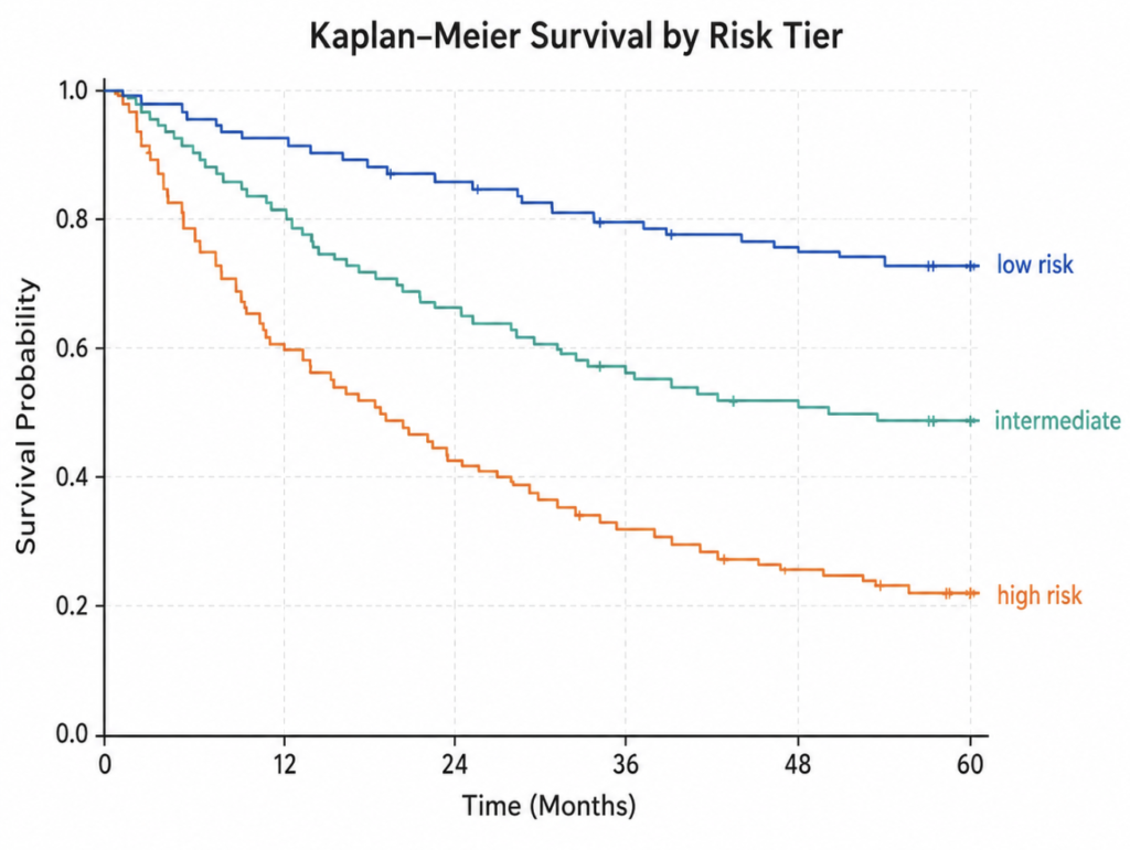 Survival curves separating low, intermediate, and high-risk HPV throat cancer groups over time