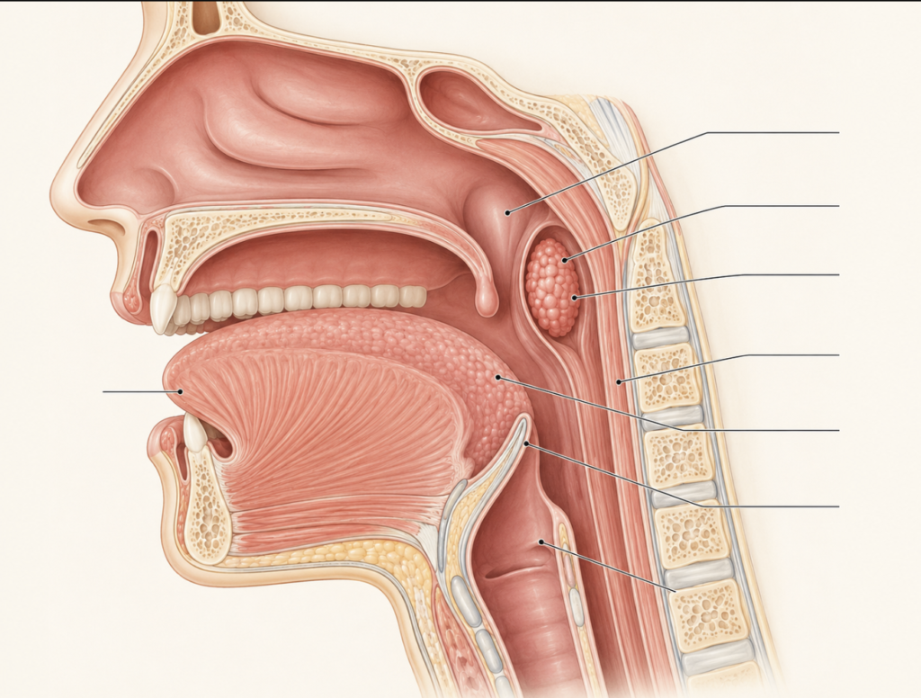 Anatomy of the oropharynx highlighting the tonsils and base of tongue, common sites of HPV throat cancer