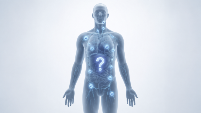 Conceptual illustration of cancer of unknown primary with scattered metastases and an unidentified organ of origin