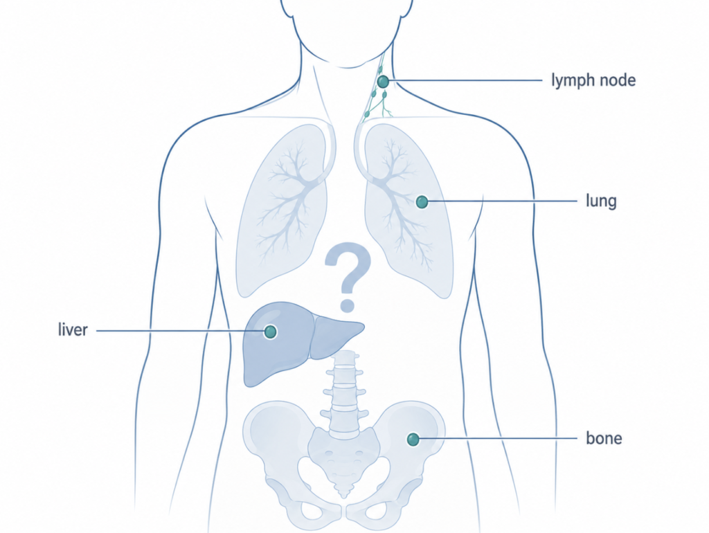 Diagram of cancer of unknown primary showing metastases present while the organ of origin remains unidentified