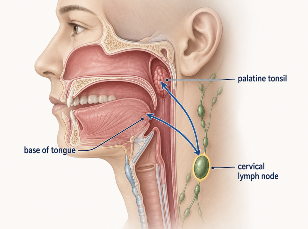 Illustration of neck-node squamous cell carcinoma pointing to hidden oropharyngeal primary sites in head and neck cancer of unknown primary.