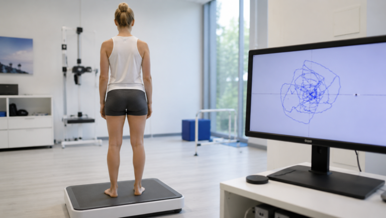Patient undergoing a computerized stabilometry balance test on a force platform