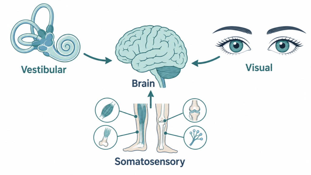 Diagram of the vestibular, visual, and somatosensory systems feeding balance control