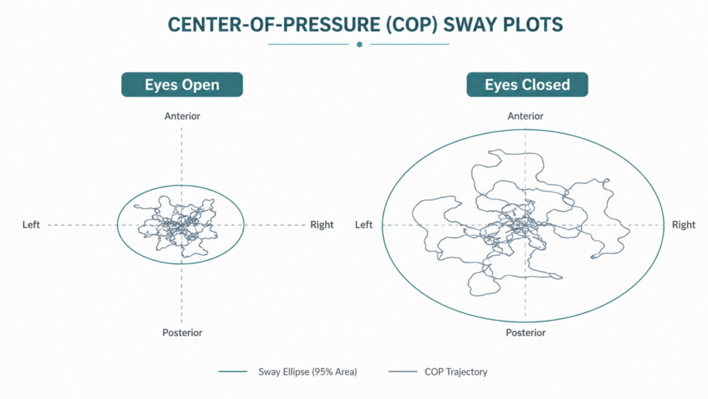 Center-of-pressure sway ellipses comparing eyes open versus eyes closed