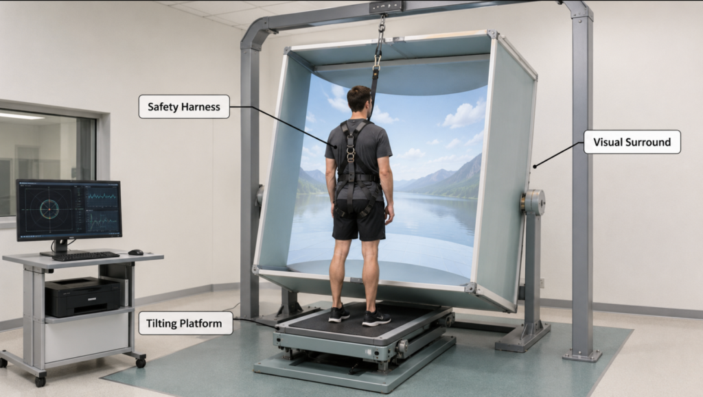 Dynamic posturography setup with a moving platform and safety harness