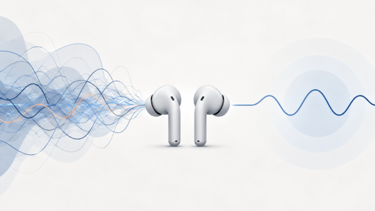 Editorial hero: wireless earbuds with tangled background-noise waveforms resolving into one clean voice waveform, representing AI speech clarification.