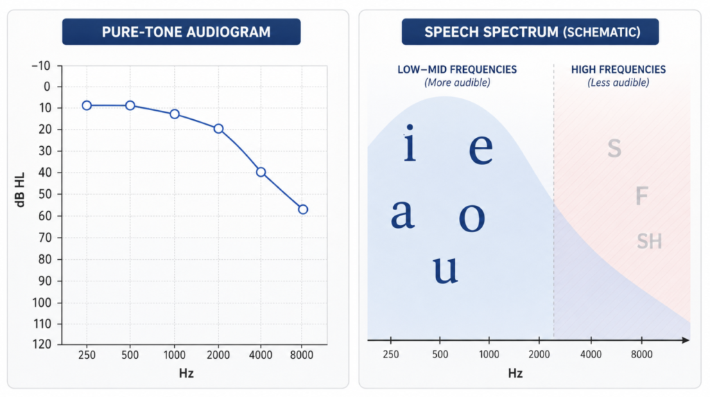 Two-panel diagram: a sloping high-frequency audiogram beside a speech spectrum with faint high-frequency consonants, explaining why audible speech can stay unintelligible.