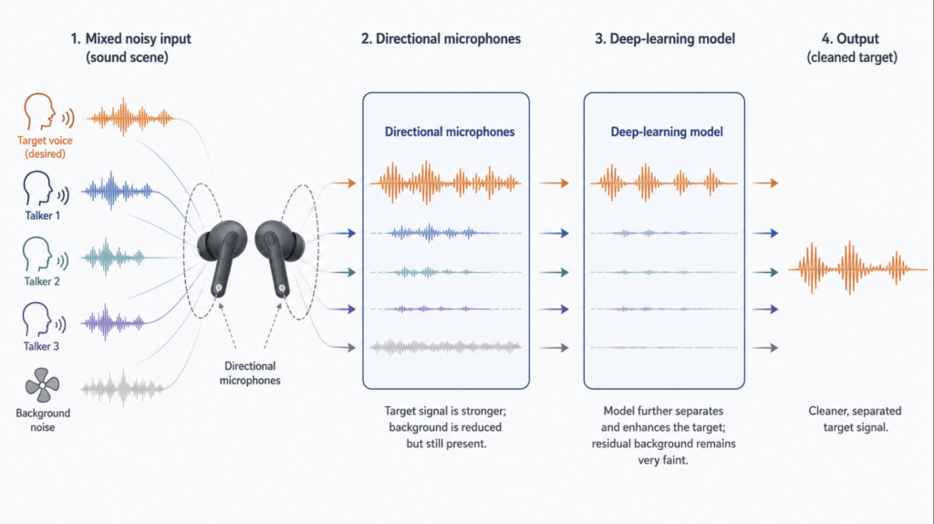 Flow diagram: mixed voices enter earbuds, directional microphones raise the target voice's signal-to-noise ratio, and a deep-learning model outputs a cleaner separated voice.