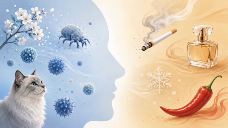 Allergic vs nonallergic rhinitis comparison showing allergen triggers on one side and irritant triggers on the other