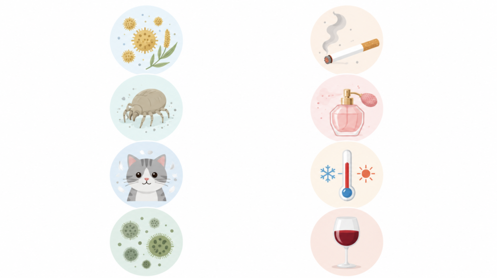 Side-by-side icons of allergic triggers like pollen and dust mite versus nonallergic triggers like smoke and perfume