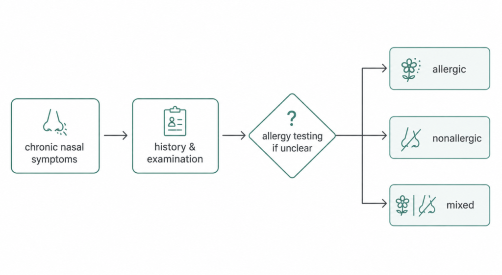 Diagnostic flow from chronic nasal symptoms through history and allergy testing to allergic, nonallergic, or mixed rhinitis
