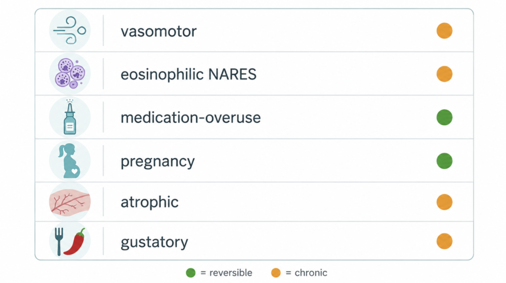Overview of nonallergic rhinitis subtypes and whether each tends to be reversible or chronic