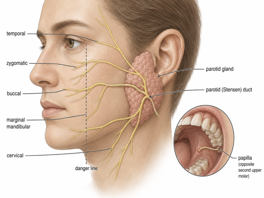 Facial nerve branches, parotid duct, and the lateral-canthus danger line on the face