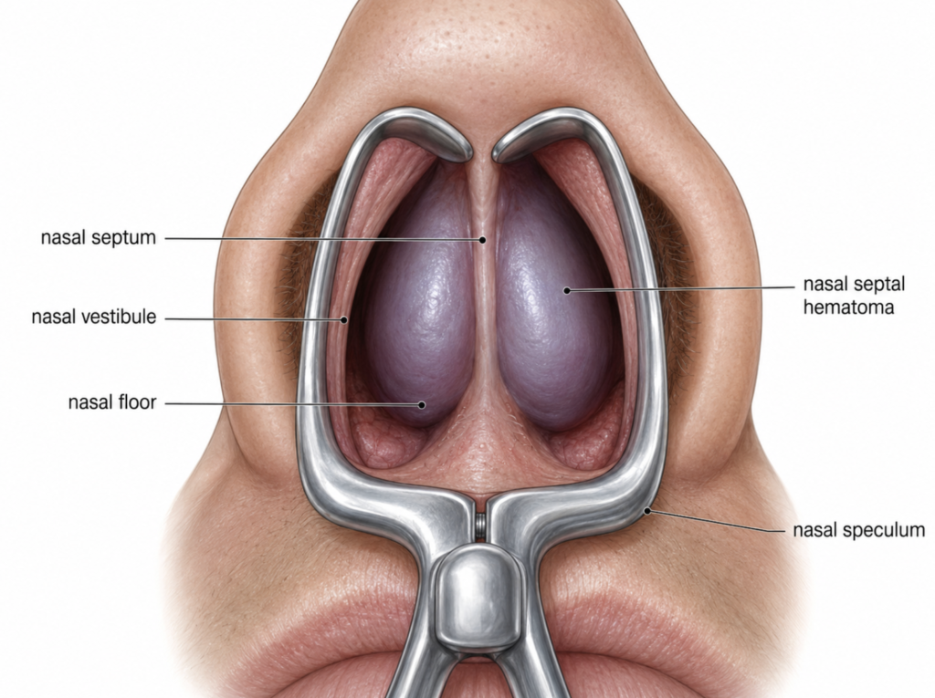 Nasal septal hematoma seen on anterior rhinoscopy as a boggy septal swelling