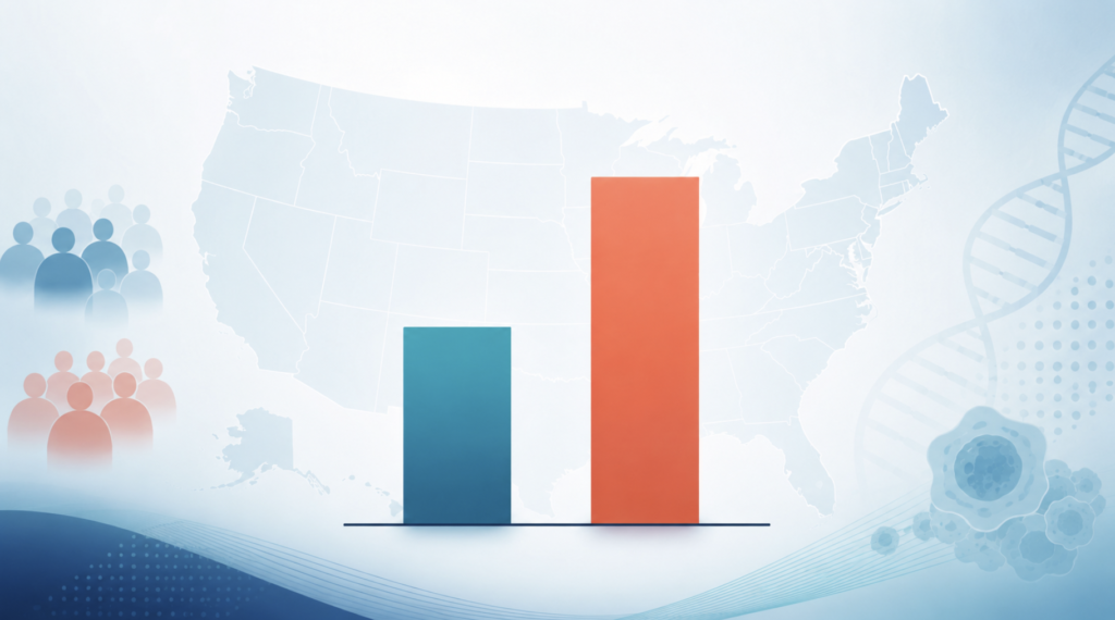 Abstract bar chart over a faint US map showing a national database finding that high-risk HPV-positive laryngeal cancer is more common in younger patients than older ones.
