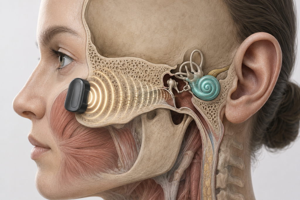 Cross-section illustration of bone-conduction sound waves fading as they
travel from a temple-mounted transducer through the skull to the cochlea.