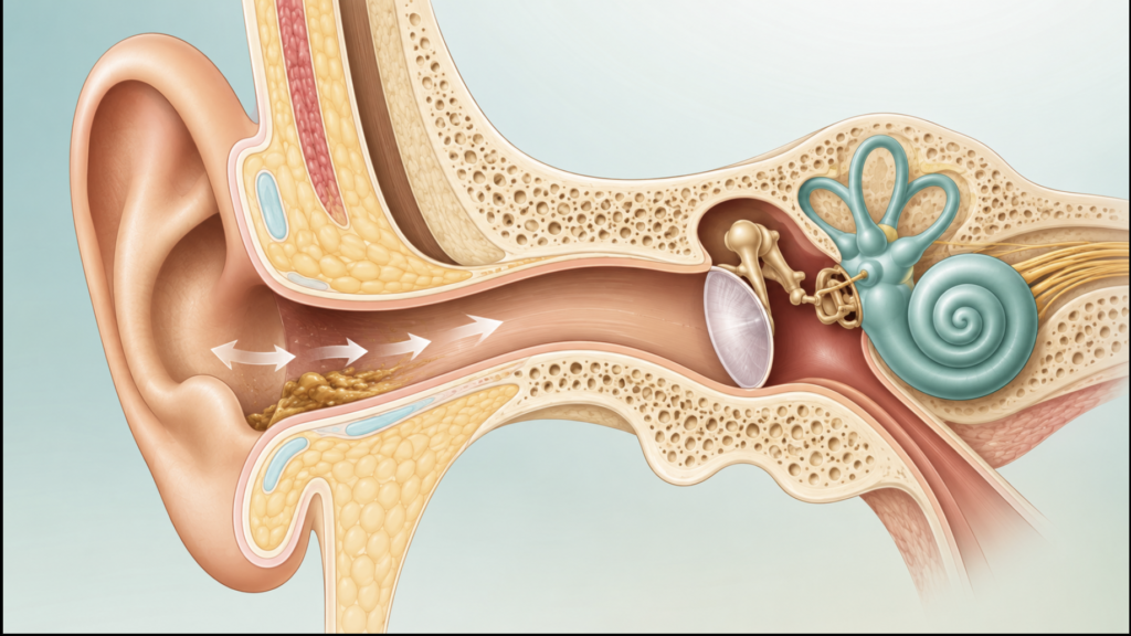 Cross-section of the ear canal showing earwax naturally migrating outward toward the ear opening, illustrating the ear's self-cleaning mechanism.