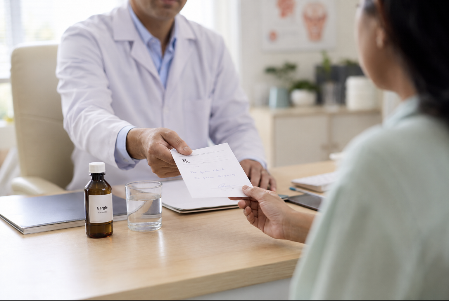 ENT physician handing a written prescription to a seated patient at a consultation desk, with a small gargle bottle and a glass of water on the desk.

