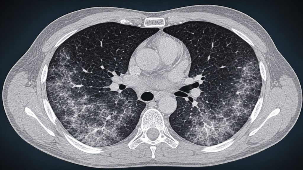 Chest CT illustration showing bilateral ground-glass opacities characteristic of EVALI (e-cigarette or vaping product use-associated lung injury)