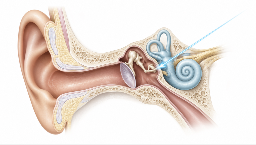 Anatomical cross-section of the ear with a sharp accent marking the deep inner-ear location where primary stabbing otalgia is felt.