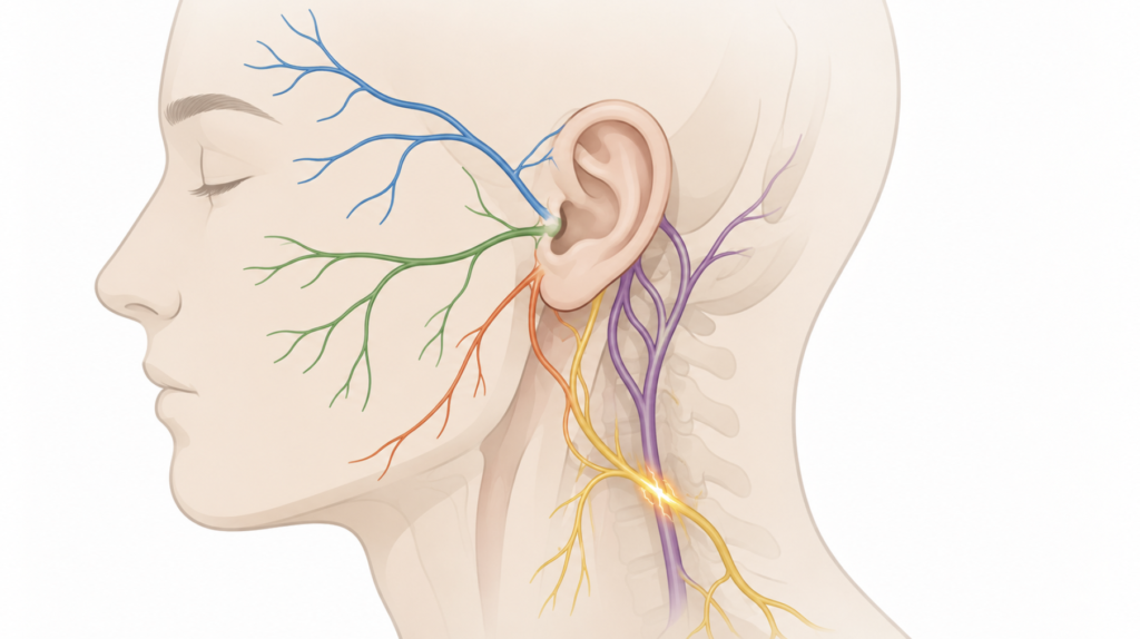 Diagram of the cranial nerves supplying the ear, with a spark illustrating the nerve misfire behind primary stabbing otalgia.