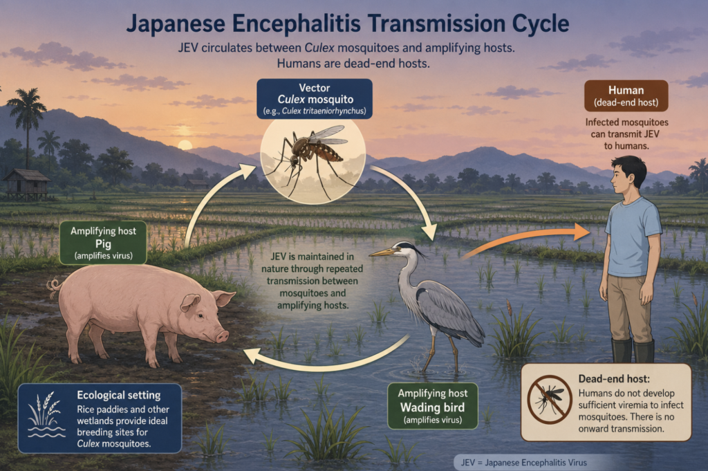 Diagram of the Japanese encephalitis transmission cycle: a Culex mosquito circulates the virus between amplifying hosts (pigs and wading birds) and transmits it to humans, who are dead-end hosts and do not spread the virus further.