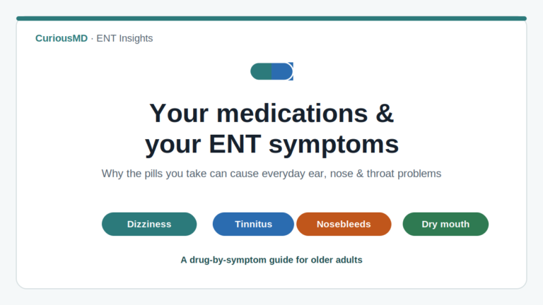 Title graphic for a guide to medications that cause dizziness in older adults and the other ENT symptoms they trigger, labeled with dizziness, tinnitus, nosebleeds, and dry mouth