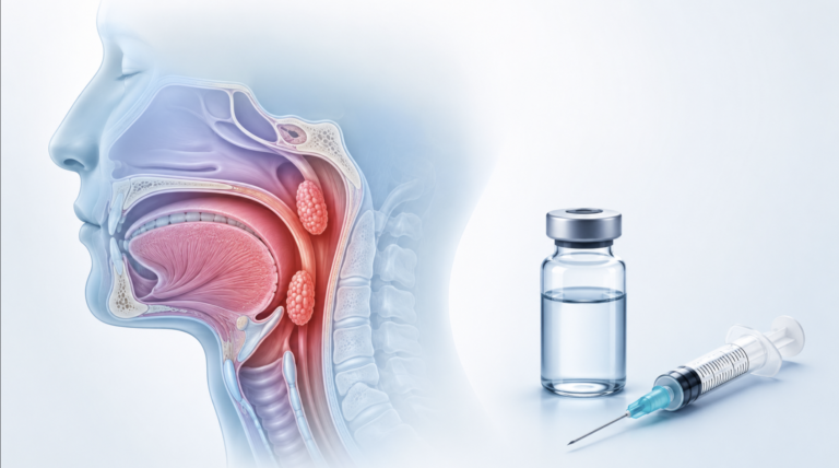 HPV vaccine and throat cancer: illustration of the oropharynx beside a vaccine vial