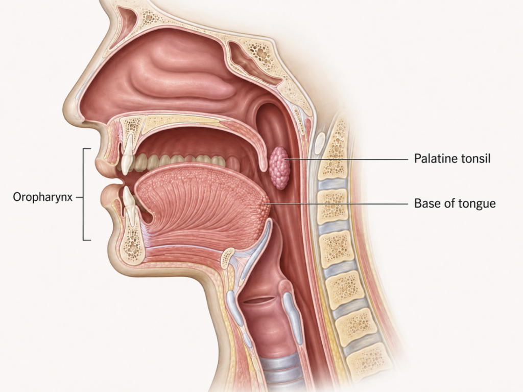 Anatomy of the oropharynx showing the tonsils and base of the tongue