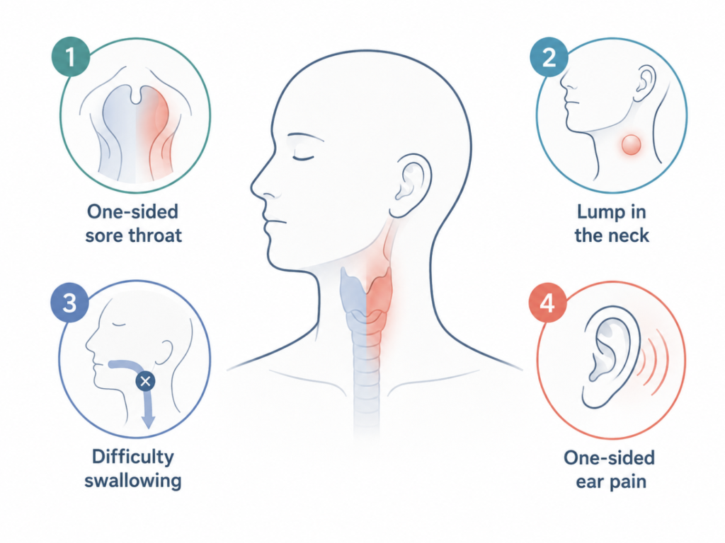 Warning signs of oropharyngeal cancer including one-sided ear pain and a neck lump