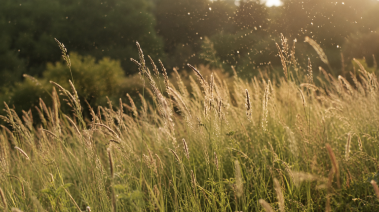 Summer allergic rhinitis triggers: tall meadow grass releasing pollen into the summer air.