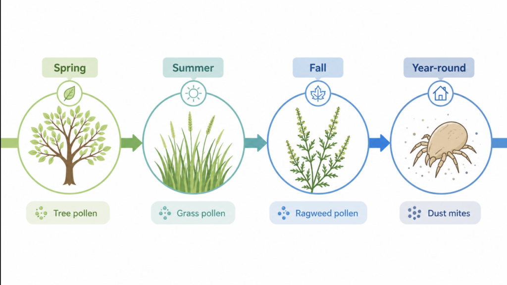 Seasonal pollen calendar showing the handoff from tree to grass to weed pollen across the year.