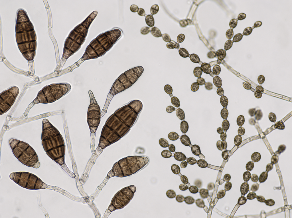 Microscopic view of Alternaria and Cladosporium, the outdoor molds that peak in summer.