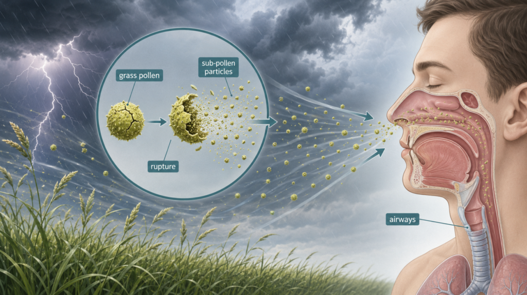How thunderstorm asthma works: grass pollen ruptures into tiny particles that reach the lower airways.