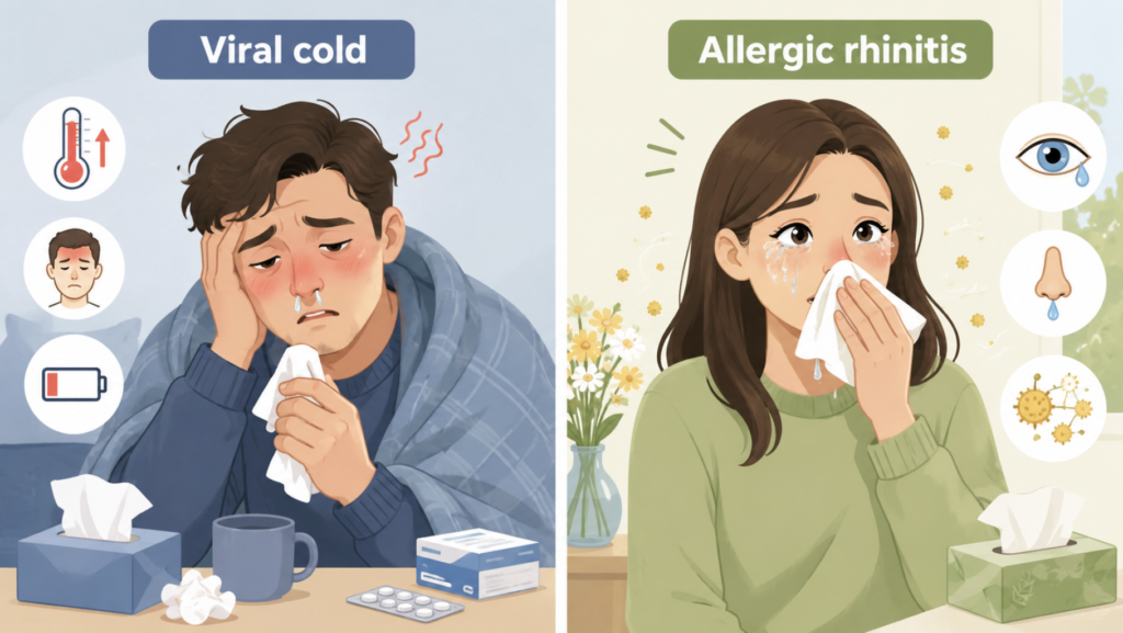 Comparison of a summer cold versus allergic rhinitis symptoms side by side.