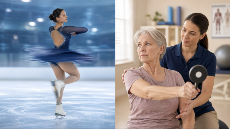 Can you train your vestibular system — a spinning figure skater beside a patient doing a gaze-stability exercise