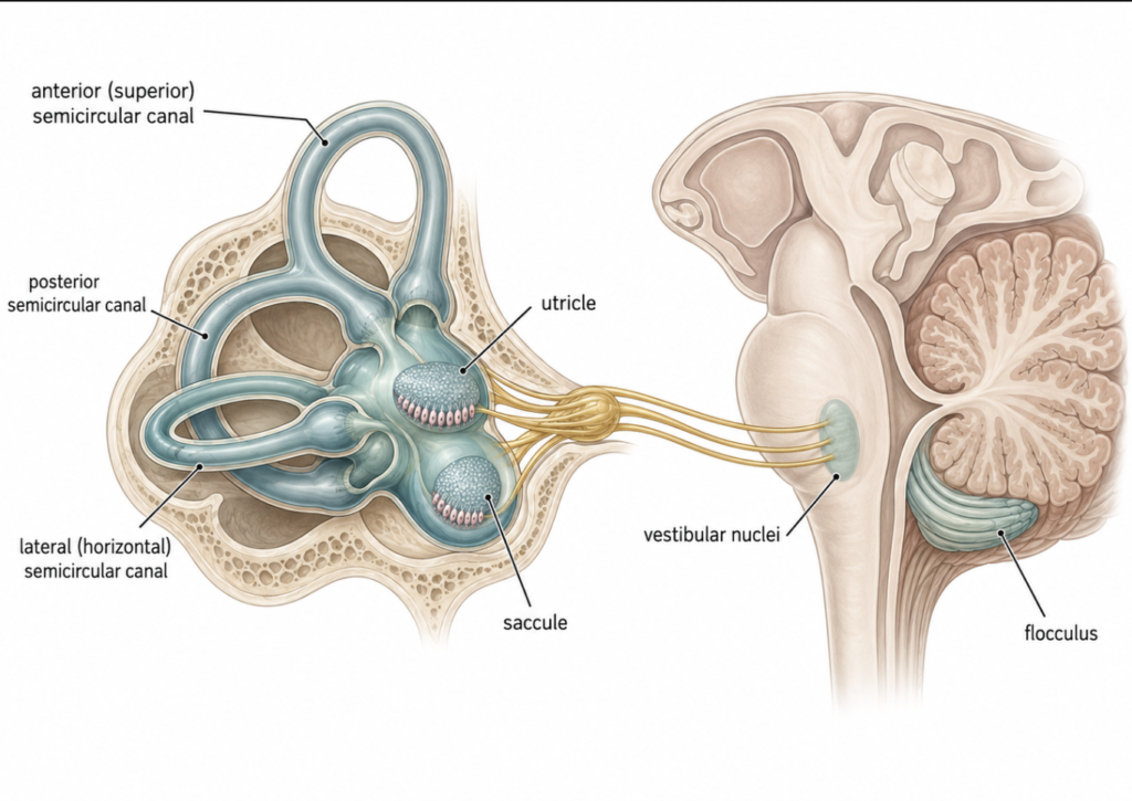 Inner-ear semicircular canals and otoliths linked to the vestibular nuclei and cerebellar flocculus