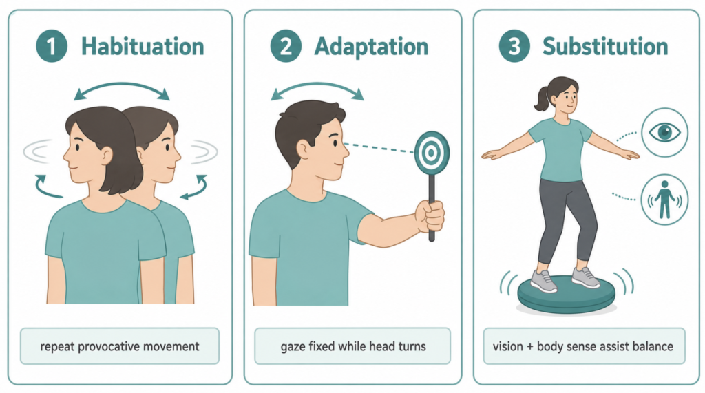 Three vestibular rehabilitation mechanisms — habituation, adaptation, and substitution