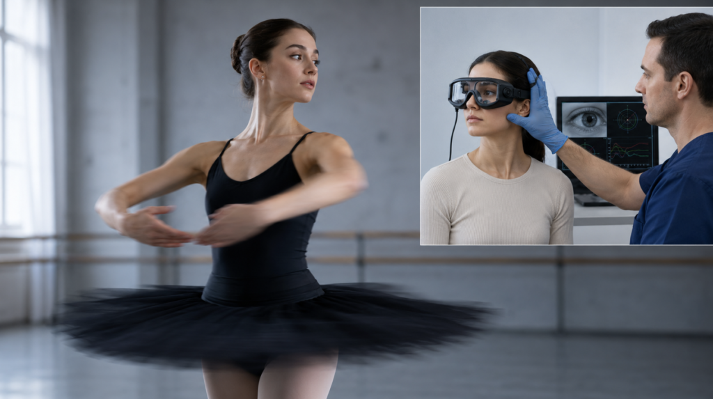 A dancer spotting a turn alongside a video head impulse test measuring the vestibulo-ocular reflex