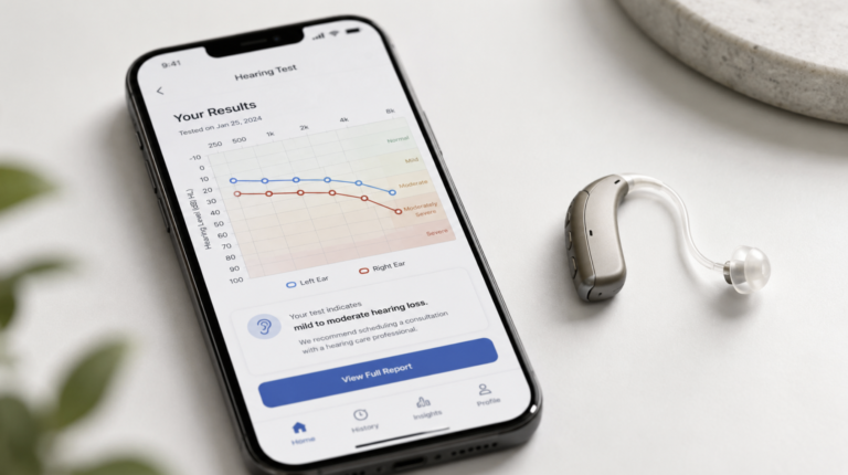 OTC hearing aids shown beside a smartphone hearing-test app in 2026.