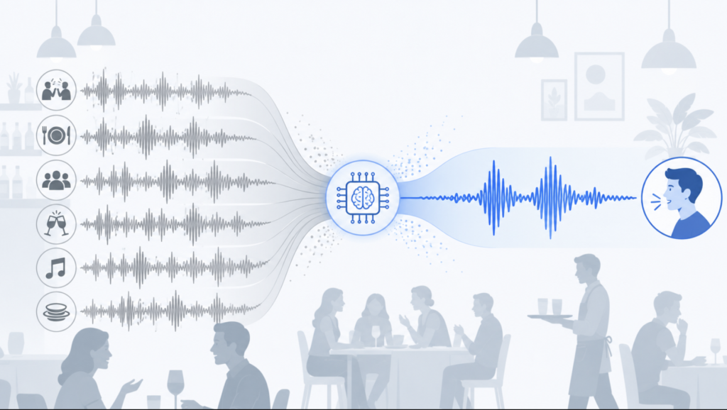 Diagram of AI processing separating a voice from background noise in a hearing aid.