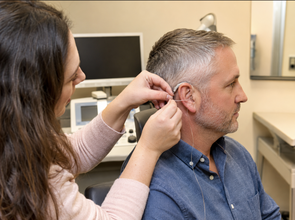 Audiologist performing real-ear measurement to verify a hearing aid fitting.