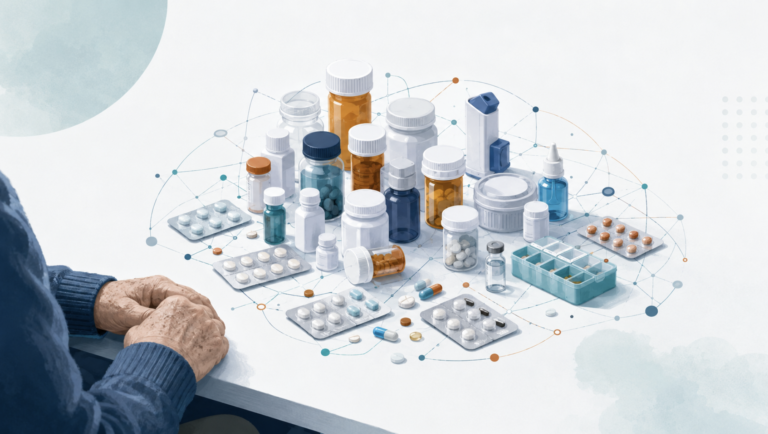 A cluster of many different pill bottles and blister packs belonging to one older adult, loosely linked by faint lines, illustrating how Polypharmacy in Older Adults accumulate into an unmanaged whole.