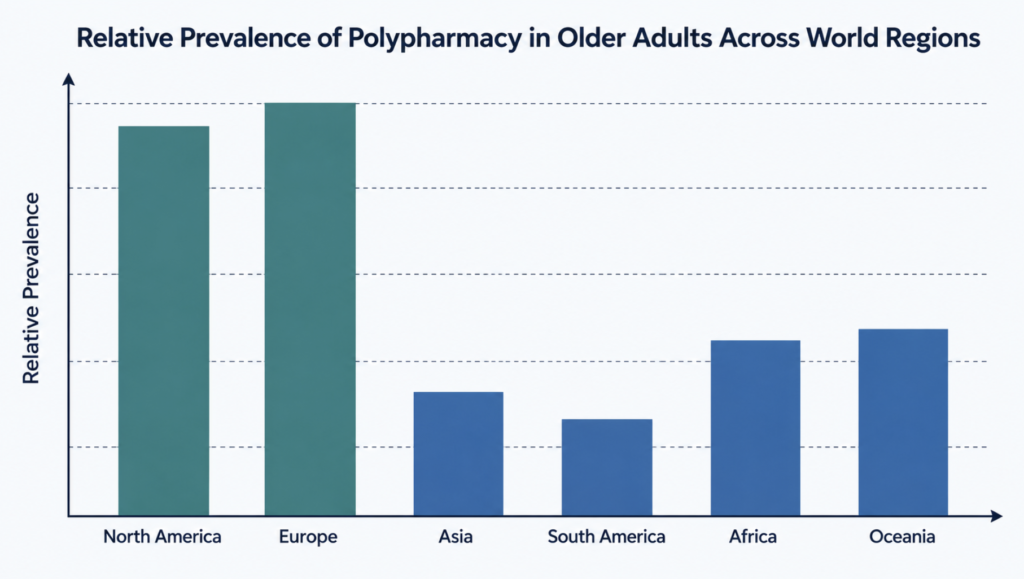 Bar chart comparing polypharmacy prevalence across world regions, showing higher rates in Europe and North America than in much of Asia and South America.