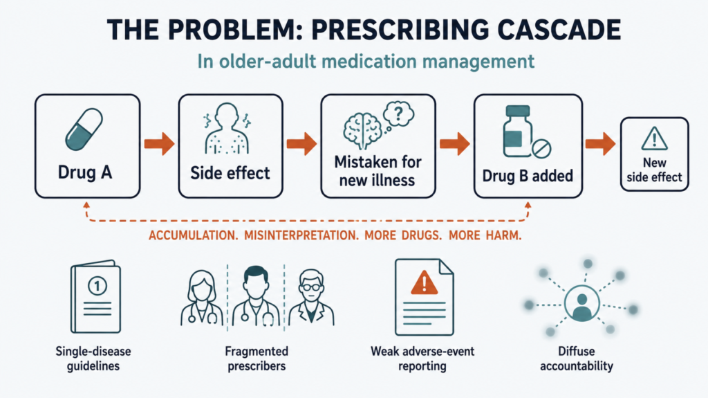Diagram of a prescribing cascade in which a drug side effect is treated with another drug, surrounded by the system weaknesses that sustain it: single-disease guidelines, fragmented prescribers, weak reporting, and diffuse accountability.