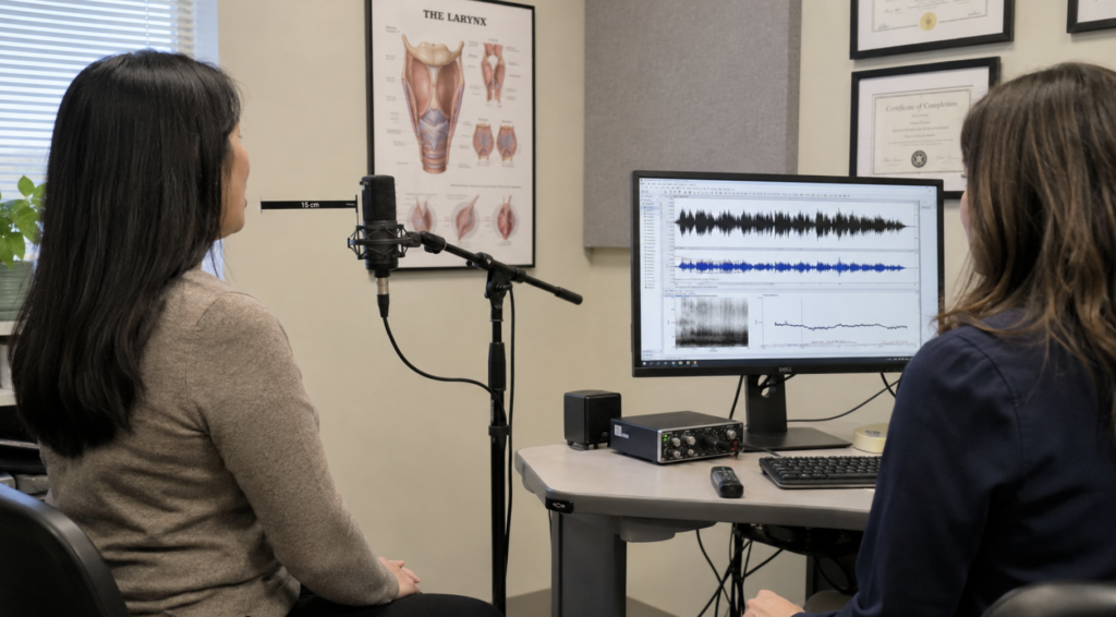 Patient sustaining a vowel into a microphone during an acoustic voice recording