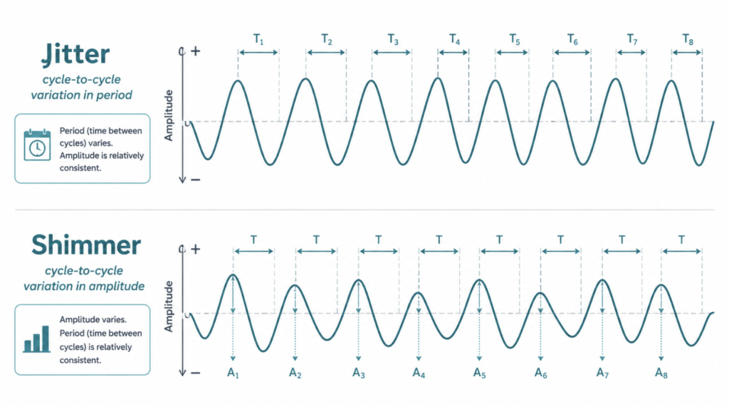 Diagram comparing jitter as frequency variation and shimmer as amplitude variation in a voice waveform